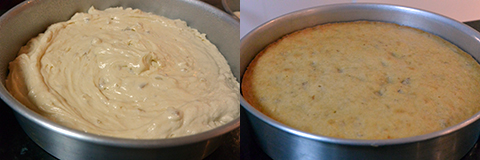 Massa do bolo de nozes antes de ir ao forno e depois de assada