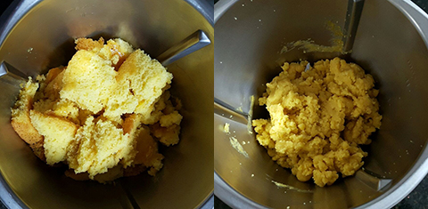 Massa de bolo cortada (à esquerda) e massa com recheio pronta para enrolar (à direita)